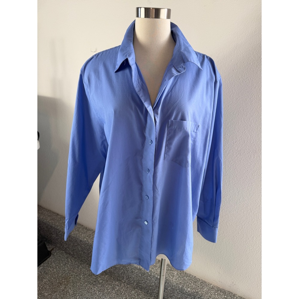 Foxcroft Womens Plus 22W Wrinkle Free Blue Button Up Shirt Long Sleeve Blouse